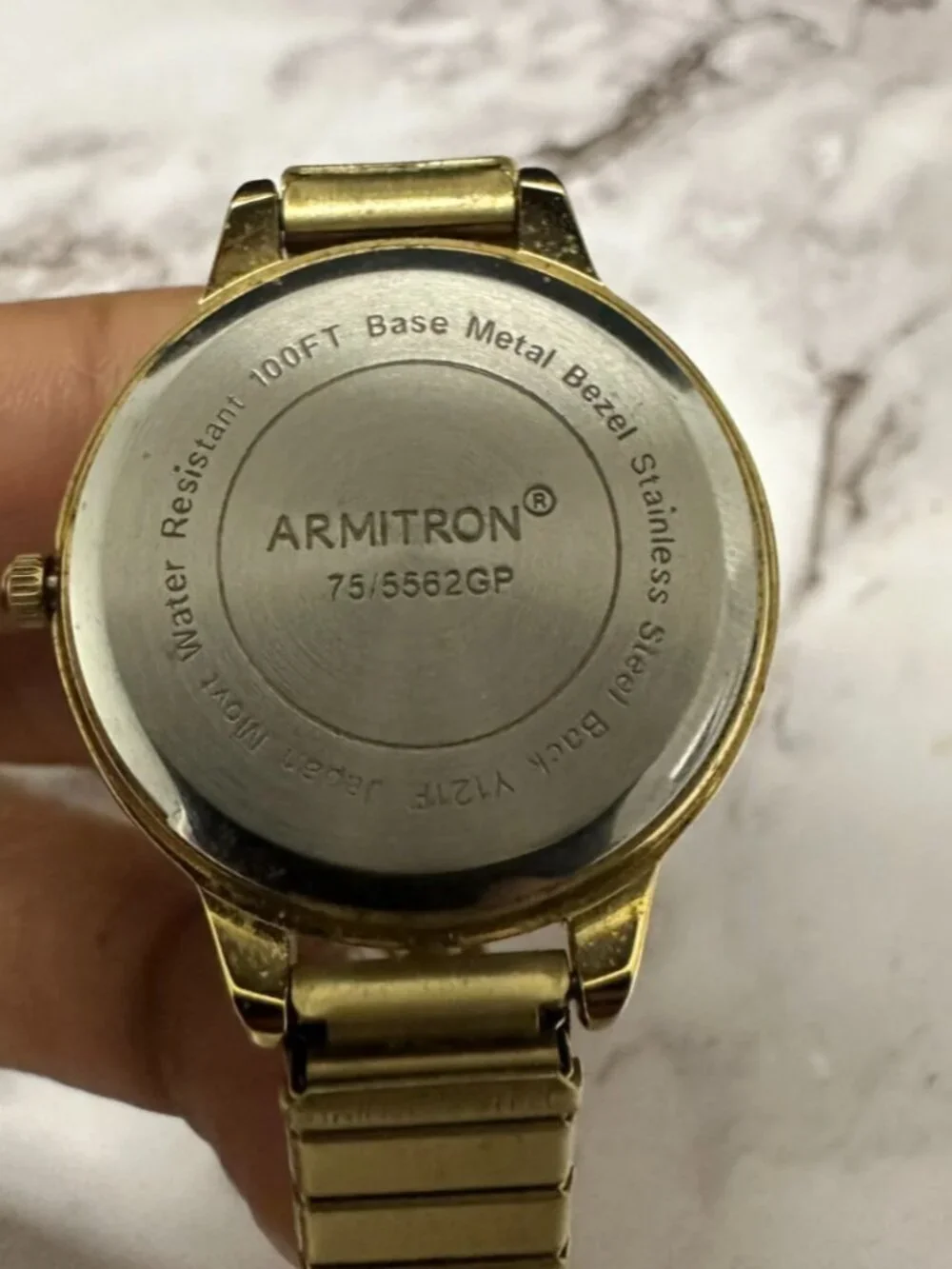 Armitron Watch Women Gold Tone Black Dial Stretch Band New Battery 6.75 Inch